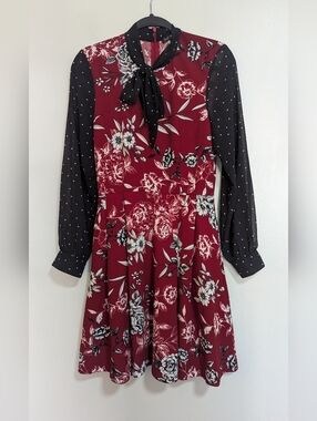 Smak Parlour Black Red Floral Polka Dot Print Long Sleeve Fit N Flare Dress M